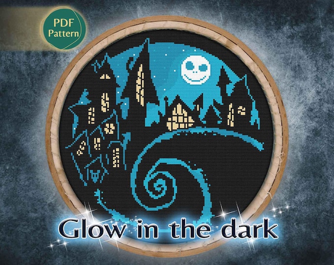 Spooky Town Cross Stitch Pattern – Haunted Couple, Ghost Dog, Glow in the Dark, Halloween Stitch, PDF Download
