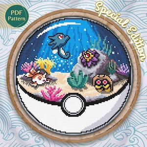 PDF de ponto cruz Kabuto, Goldeen, Horsea e Starmie – Pokébola tipo água, edição especial de águas profundas, cena de profundezas marinhas, download instantâneo