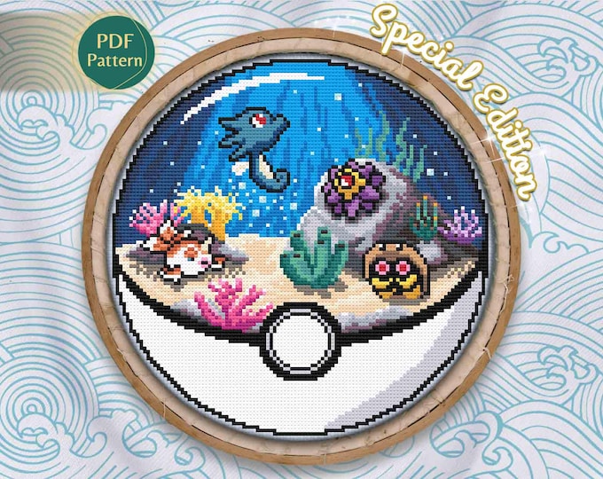 Kabuto, Goldeen, Horsea & Starmie Cross Stitch PDF – Water Type Pokeball, Deep Sea Special Edition, Marine Depths Scene, Instant Download