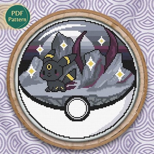 Kruissteekpatroon donker type, Pokeball-terrarium-paraplu, kruissteek, Eeveelutions, vos, kawaii, duisternis, World of Darkness, zwart