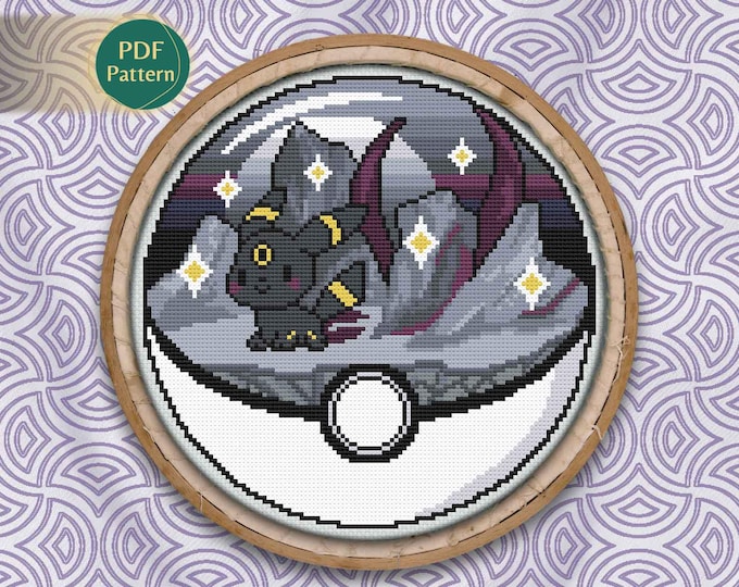 Umbreon Pokeball Cross Stitch PDF – Dark Type Pattern, Eeveelution, Kawaii Fox, World of Darkness, Black Design, Instant Download