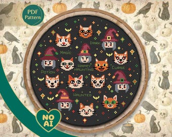 Happy Haunting Gothic Witch Cats Bats Cross Stitch Pattern PDF