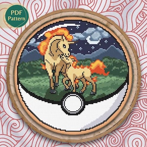 Kruissteekpatroon vuur, Rapidash en Ponyta terrarium pokeball, getelde kruissteek, hitte, vlam, nacht, maan, natuur, patroon-pdf