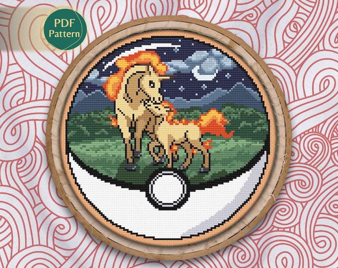 Rapidash & Ponyta Pokeball Cross Stitch PDF – Fire Type Pattern, Counted Stitch, Moonlit Flames, Night Nature Scene, Instant Download