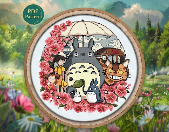 My Neighbor Totoro Inspired Sakura Pastel Garden Terrarium Cross Stitch Pattern PDF