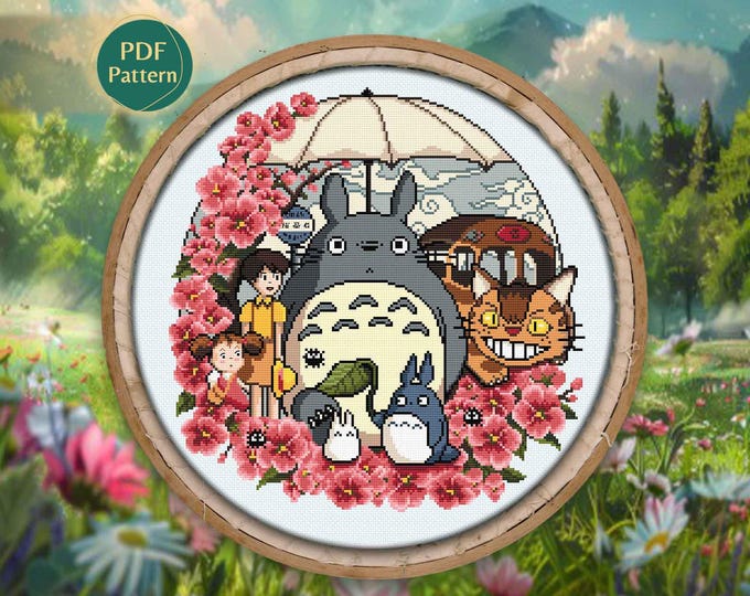 Totoro Cross Stitch PDF Pattern – Counted Stitch, My Neighbor Totoro, Pastel Sakura, Floral Kawaii Design, Instant Download