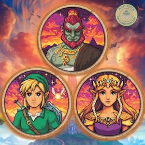 May include: Three round cross-stitch portraits featuring characters from a video game. The top portrait depicts a green-skinned figure with a red beard. The other two portraits show a blonde-haired character in green and a blonde-haired character in purple.