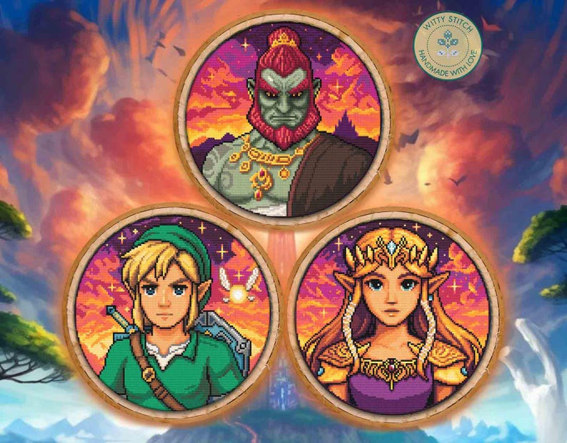 May include: Three round cross-stitch portraits featuring characters from a video game. The top portrait depicts a green-skinned figure with a red beard. The other two portraits show a blonde-haired character in green and a blonde-haired character in purple.