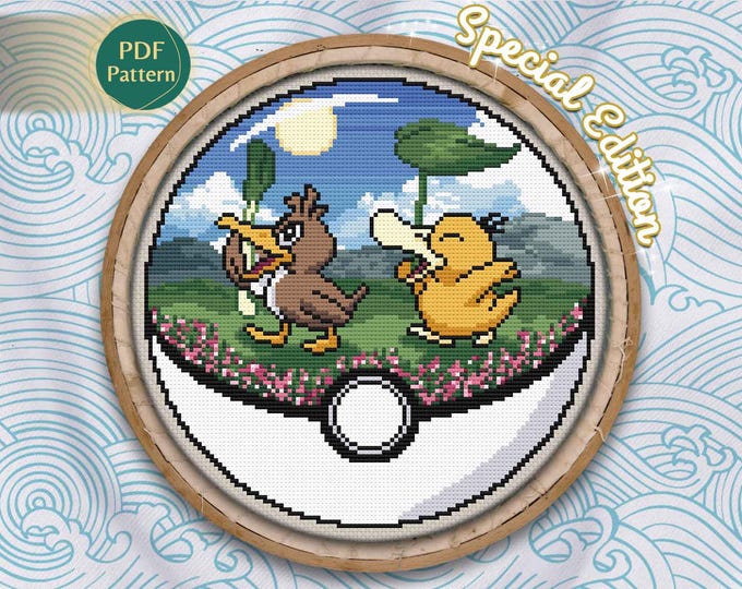 Psyduck & Farfetch’d Pokeball Cross Stitch PDF – Water/Normal Type Pattern, Counted Stitch, Floral Nature Scene, Instant Download