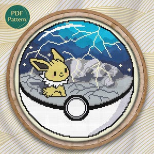 Jolteon Pokeball Cross Stitch PDF – Electric Type Pattern, Eeveelution Fox, Thunderstorm with Lightning & Stars, Instant Download