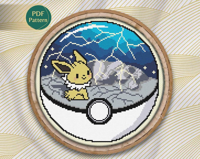 Jolteon Pokeball Cross Stitch PDF – Electric Type Pattern, Eeveelution Fox, Thunderstorm with Lightning & Stars, Instant Download