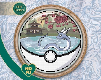 Dragonair Inspired Sakura Terrarium Cross Stitch Pattern PDF