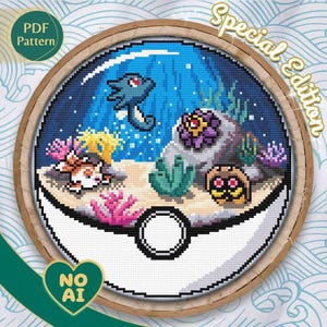 Patrón punto de cruz inspirado en Kabuto Goldeen Horsea Starmie en terrario Mar Profundo