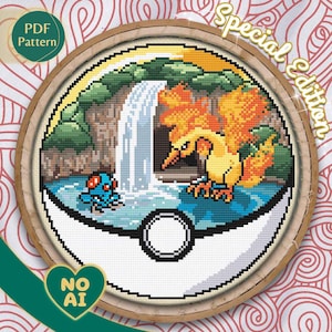 Moltres Tentacool Inspired Fire Ocean Contrast Terrarium Cross Stitch Pattern PDF