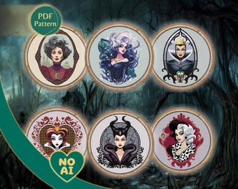 Villainesses Cross Stitch Pattern Pack 6 Patterns PDF: Maleficent Ursula Cruella Queen of Hearts