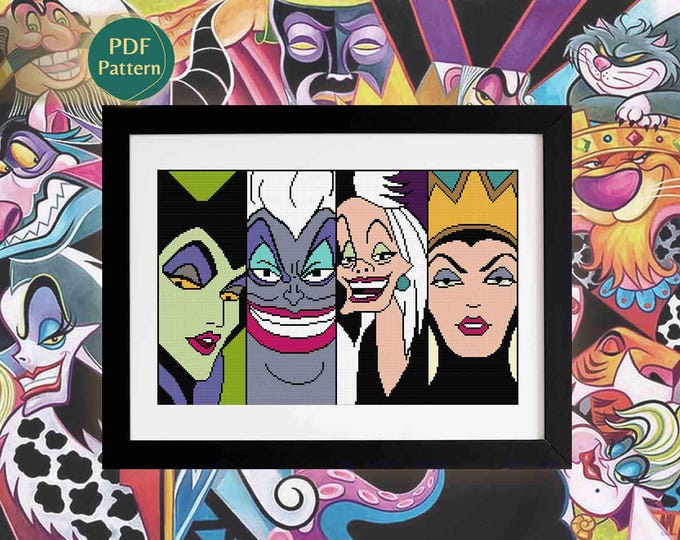 Female Villains Cross Stitch Pattern PDF – Maleficent, Ursula, Cruella, Evil Queen, Goth Style, Halloween, Instant Download