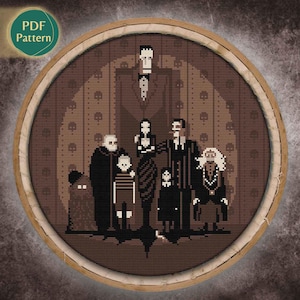 Gothic Familie Kreuzstichmuster - Elegante Mutterfigur, schwarzer Humor, klassischer Gothik Stil, sofort PDF Download
