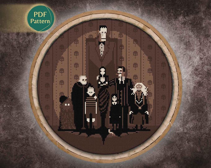 Gothic Family Cross Stitch Pattern – Elegant Mother Figure, Dark Humor, Classic Gothic Style, Instant PDF Download