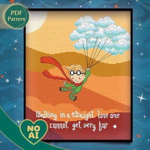 Patrón Punto de Cruz Niño en el Desierto – Nubes, Sol, Tonos Tierra y Naranja, Estilo Kawaii, PDF Descargable
