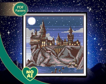 Wizarding Castle Starry Night Fantasy Cross Stitch Pattern PDF Beginner