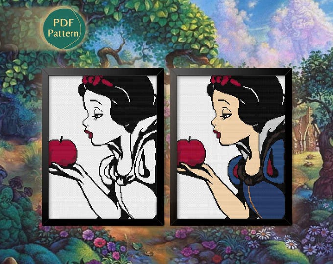 Snow White-Inspired Cross Stitch PDF Pack– 2 Patterns: Color & Black Version, Silhouette Versions, Fairest Princess, Apple, Instant Download