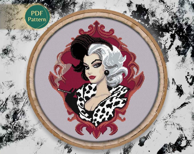 Cruella de Vil Cross Stitch Pattern PDF – Female Villain, Dalmatians, Red Garnet, Black and White Coat, Animal Kingdom, Instant Download