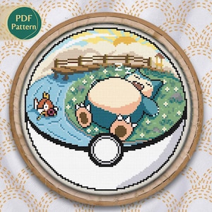 Patrón punto de cruz Tipo Dormilon, Pokeball terrario Snorlax y Magikarp, Punto cruz contado, Prado florido, Siesta, Turquesa, Puente rojo