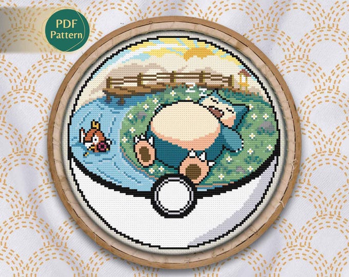Snorlax & Magikarp Pokeball Cross Stitch PDF – Sleepy Type Pattern, Counted Stitch, Meadow, Red Bridge, Instant Download