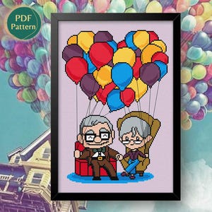 True Love Balloon Adventure Cross Stitch Pattern – Kawaii Couple, Colorful Modern Design, Romantic Stitch, Instant PDF Download