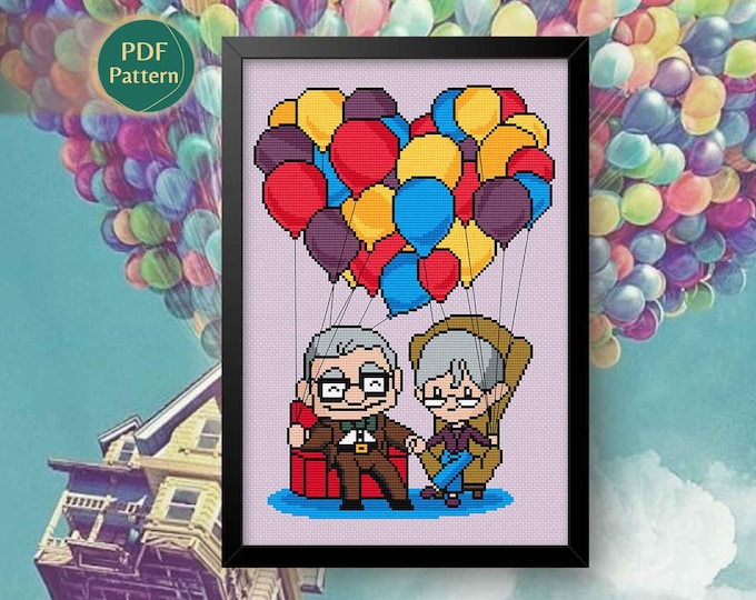 True Love Balloon Adventure Cross Stitch Pattern – Kawaii Couple, Colorful Modern Design, Romantic Stitch, Instant PDF Download
