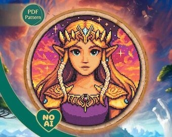 Zelda Princess Cross Stitch Pattern: Retro Pixel Art Sunset (PDF Pattern)