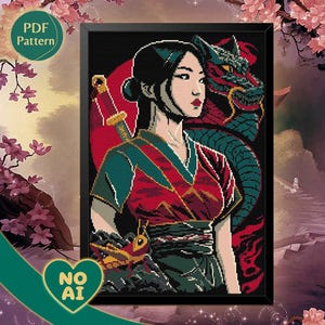 Patrón Punto de Cruz Mulán PDF – Princesa Mulán, Mushu, Dragón, Katana, Sakura, Estilo Japonés, Descarga Instantánea