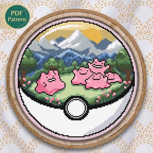 Ditto Pokeball Cross Stitch PDF – Normal Type Pattern, Kawaii Shape-Shifter, Bubblegum Pink, Funny Scene, Mountains, Instant Download