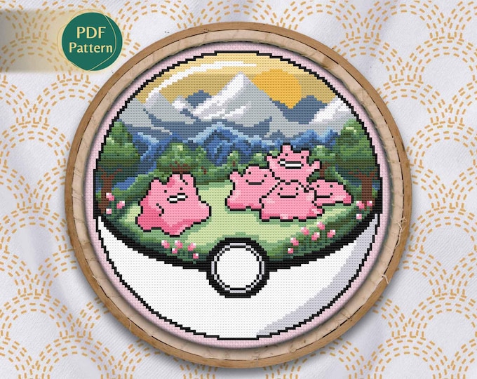 Ditto Pokeball Cross Stitch PDF – Normal Type Pattern, Kawaii Shape-Shifter, Bubblegum Pink, Funny Scene, Mountains, Instant Download
