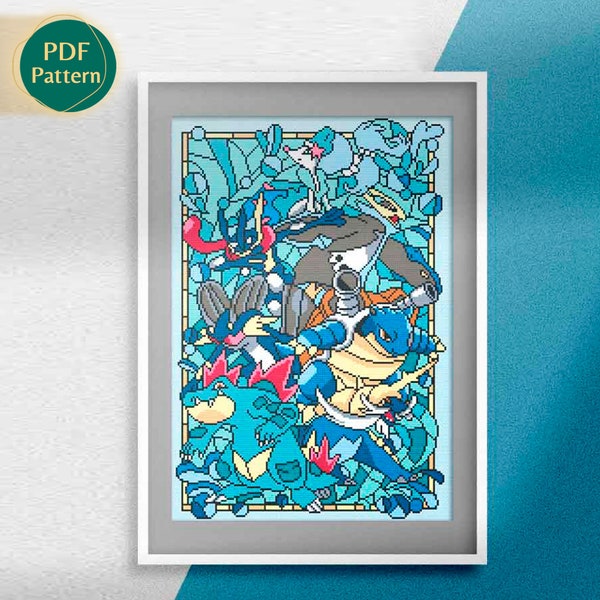 Water Type Cross Stitch Pattern, Feraligatr, Samurott, Greninja, Swampert, Suicune, Primarina, Inteleon, Blastoise, Stained glass xstitch