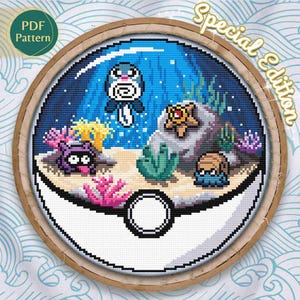 Padrão de ponto cruz tipo água, terrário de pokebola Omanyte, Shellder, Staryu Poliwag, edição especial, mar profundo, profundezas marinhas, padrão em PDF