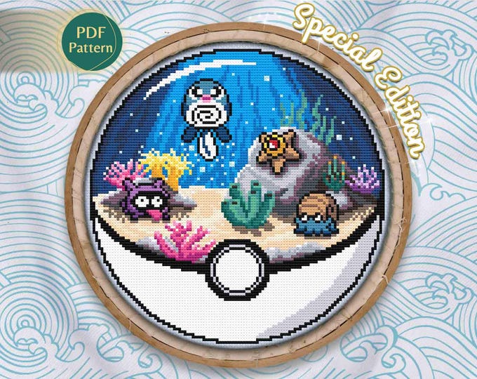 Omanyte, Shellder, Staryu & Poliwag Cross Stitch PDF – Water Type Pokeball, Deep Sea Special Edition, Marine Depths Scene, Instant Download