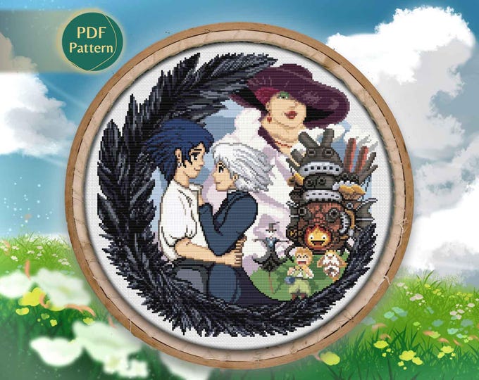 Howl’s Moving Castle Cross Stitch PDF – Counted Pattern with Howl, Sophie, Calcifer, Markl, Witch, Suliman, Instant Download
