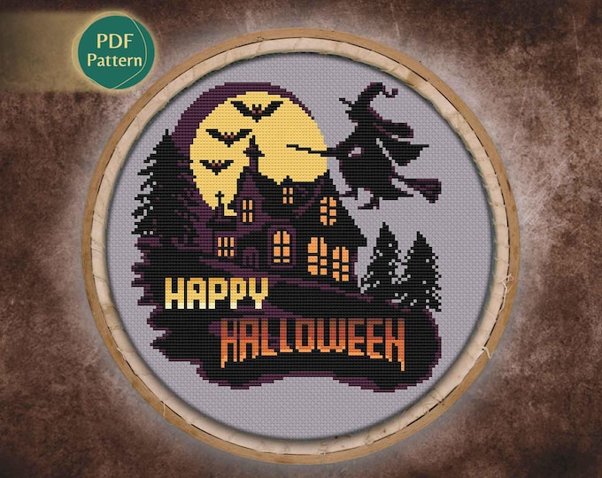 Happy Halloween Cross Stitch Pattern – Witch, Bats, Trick or Treat, Gothic Style, PDF Download
