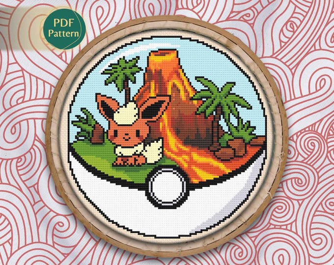 Flareon Pokeball Cross Stitch PDF – Fire Type Pattern, Eeveelution Fox, Tropical Volcanic Island with Lava & Fire, Instant Download