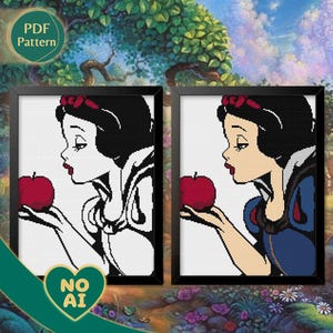 Pack PDF Patrón Punto de Cruz Blancanieves – 2 Patrones: Versiones Color & Negro, Silueta, Princesa, Manzana, PDF Descargable