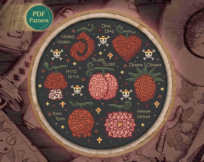 Devil Fruits Cross Stitch PDF – One Piece Pattern, Ope Ope, Horo Horo, Hito Hito, Pirate Ship, Anime Embroidery, Instant Download
