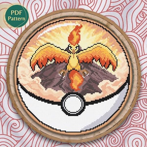 Vuur/vliegend type kruissteekpatroon, Pokeball Terrarium Moltres kruissteekpatroon, legendarische vogels, vuur, vulkaan, pdf-patroon
