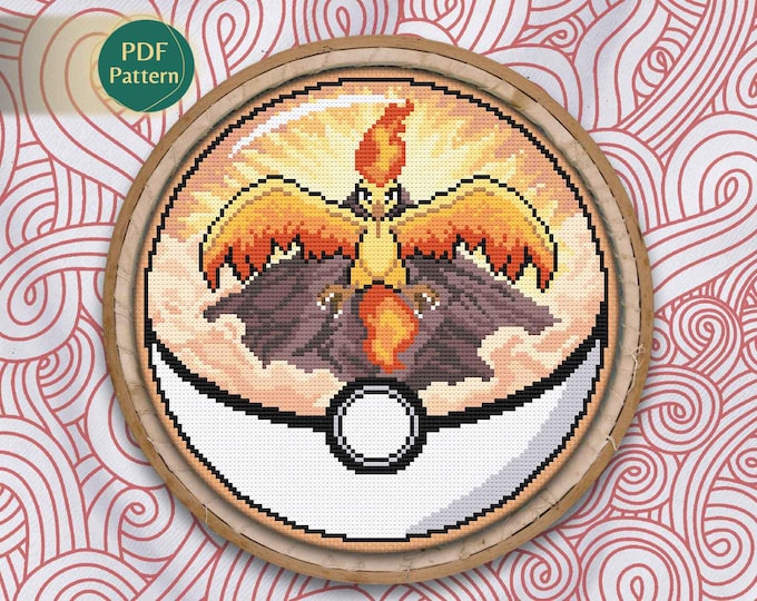 Moltres Pokeball Cross Stitch PDF – Fire/Flying Type Pattern, Legendary Bird, Volcanic Fire Scene, Lava Landscape, Instant Download