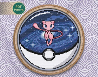 Mew Pokeball Cross Stitch PDF – Psychic Type Pattern, Counted Stitch, Galaxy, Stars, Pastel Pink, Navy, Instant Download