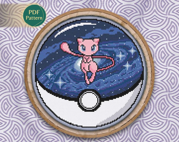 Mew Pokeball Cross Stitch PDF – Psychic Type Pattern, Counted Stitch, Galaxy, Stars, Pastel Pink, Navy, Instant Download
