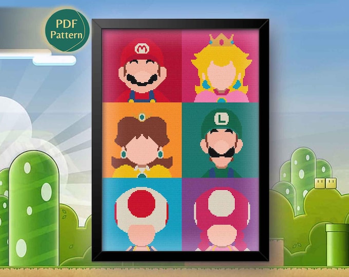 Pop Pixel Heroes Cross Stitch PDF – Retro Gaming-Inspired Pattern, Colorful Characters, Pixel World Art, Instant Download