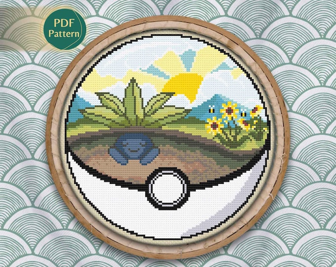 Oddish Pokeball Cross Stitch PDF – Grass/Poison Type Pattern, Sunflower Field, Earth Tones, Nature Scene, Counted Stitch, Instant Download