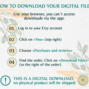 May include: A green and white illustrated graphic with instructions on how to download a digital file from Etsy. The graphic includes a warning that this is a digital download and no physical product will be shipped.