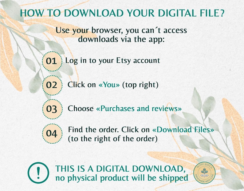May include: A green and white illustrated graphic with instructions on how to download a digital file from Etsy. The graphic includes a warning that this is a digital download and no physical product will be shipped.